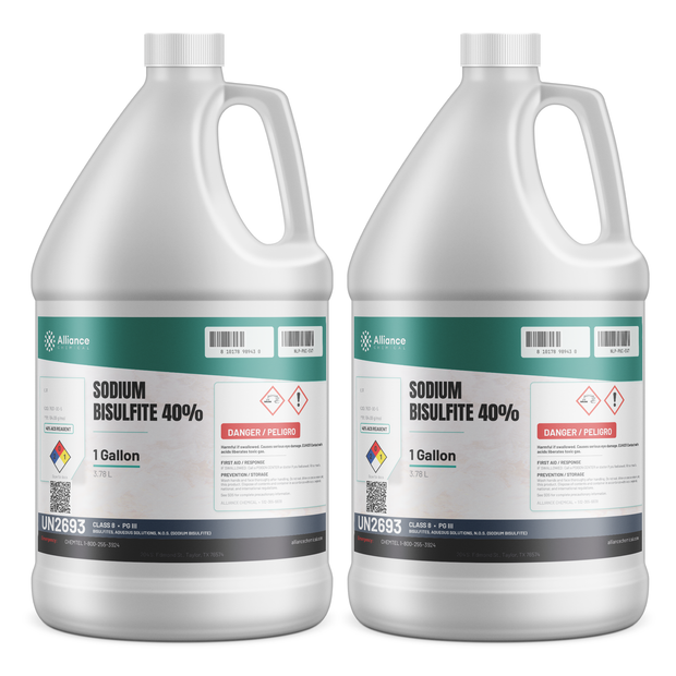 Sodium Bisulfite 40% ACS Reagent Grade in two 1-gallon jugs from Alliance Chemical for wastewater dechlorination