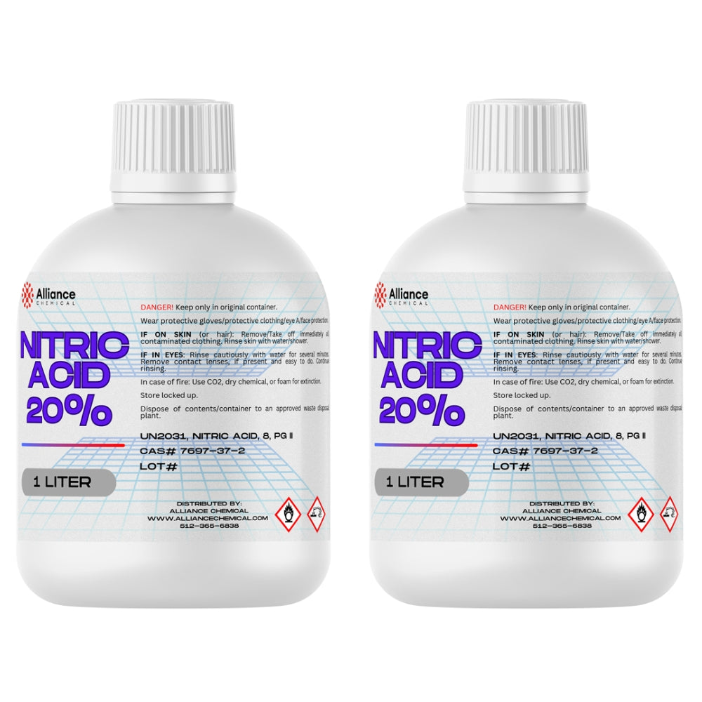 2x1L bottles of 20% Nitric Acid (UN2031) in HDPE containers with safety warnings, CAS#7697-37-2, Alliance Chemical industrial grade.