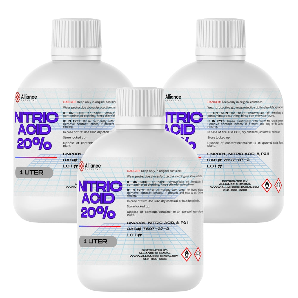 1-liter bottles of 20% Nitric Acid (UN2031) in white HDPE containers with safety warnings, GHS hazard symbols, and child-resistant caps.