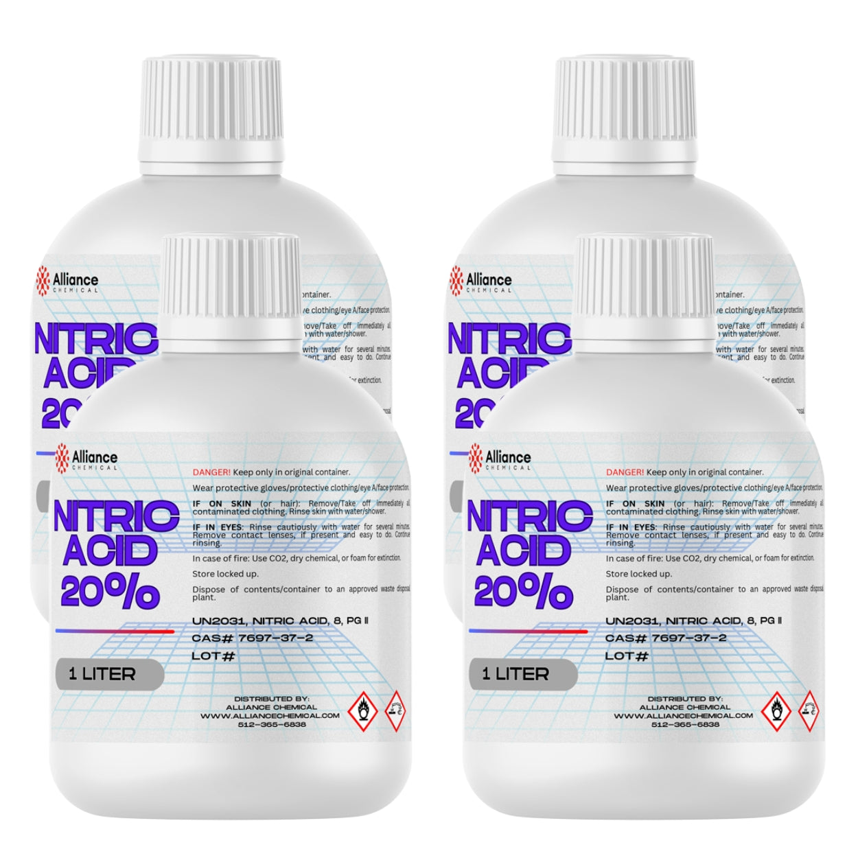 1L bottles of 20% Nitric Acid in white HDPE containers, UN2031 labeled, with corrosive/oxidizer hazard symbols and Alliance Chemical branding, safety warnings.