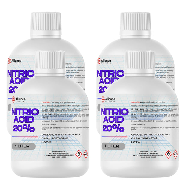1L bottles of 20% Nitric Acid in HDPE containers, with corrosive/oxidizer and Alliance Chemical branding