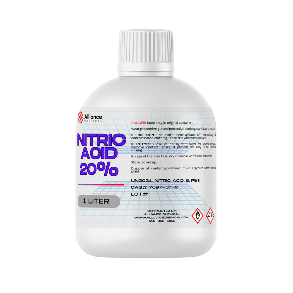 1L nitric acid 20% solution in white HDPE bottle, Alliance Chemical branded, with hazard symbols and safety warnings for corrosive material.