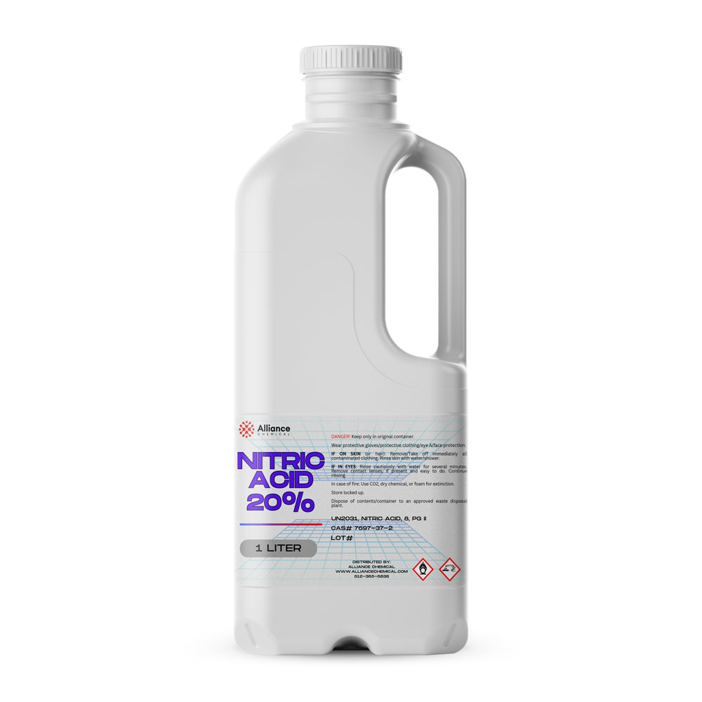 1-liter HDPE bottle of 20% Nitric Acid by Alliance Chemical, featuring hazard warning symbols, safety instructions, and CAS identification label.