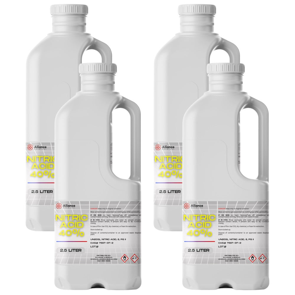 2.5L containers of 40% Nitric Acid in white HDPE jugs with safety caps, hazard warning symbols, and Alliance Chemical labeling - industrial grade.