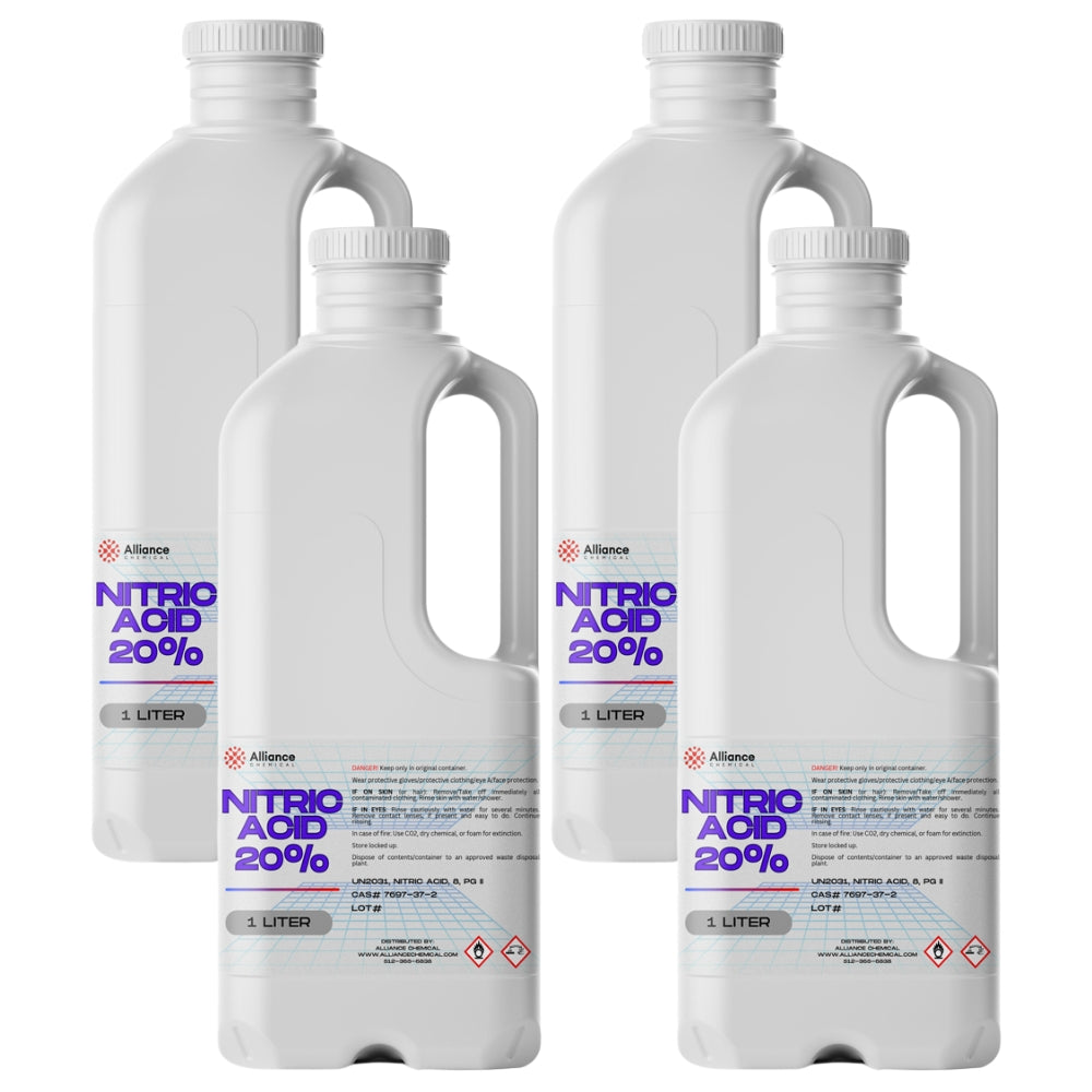 1-liter HDPE bottles of 20% Nitric Acid by Alliance Chemical, featuring GHS hazard symbols, screw-cap closure, and handle-grip design.