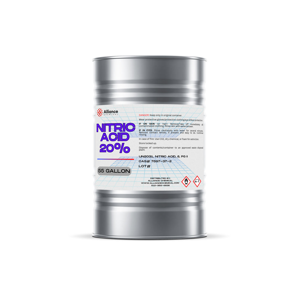 55-gallon steel drum of 20% Nitric Acid by Alliance Chemical safety warnings, and UN2031 classification label