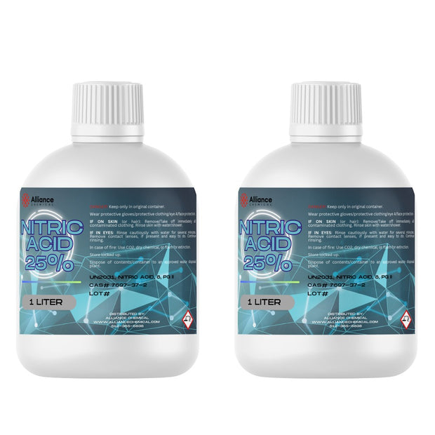 Two 1-liter plastic bottles of Alliance Chemical Nitric Acid 25% with ribbed screw caps and product labels.