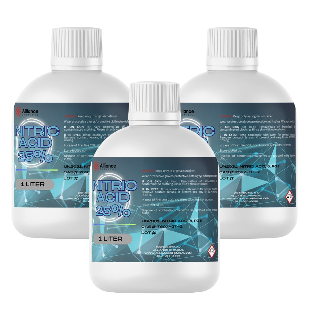 1-Liter bottles of 25% Nitric Acid in white HDPE containers with safety caps, UN2031 hazard labeling, and blue geometric label design, 3-pack.