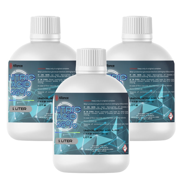 Three 1-liter plastic bottles of Alliance Chemical Nitric Acid 25% with white screw caps and product labels.