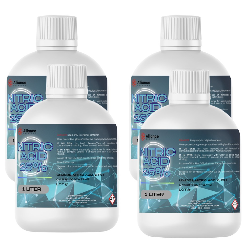 1-Liter bottles of 25% Nitric Acid in white HDPE containers with blue-gradient labels, UN2031 marking and corrosive hazard symbol - Alliance Chemical.
