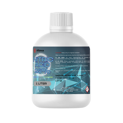 1-liter bottle of 25% Nitric Acid in white HDPE container, blue-teal safety label, corrosive warning symbol, protective equipment required.