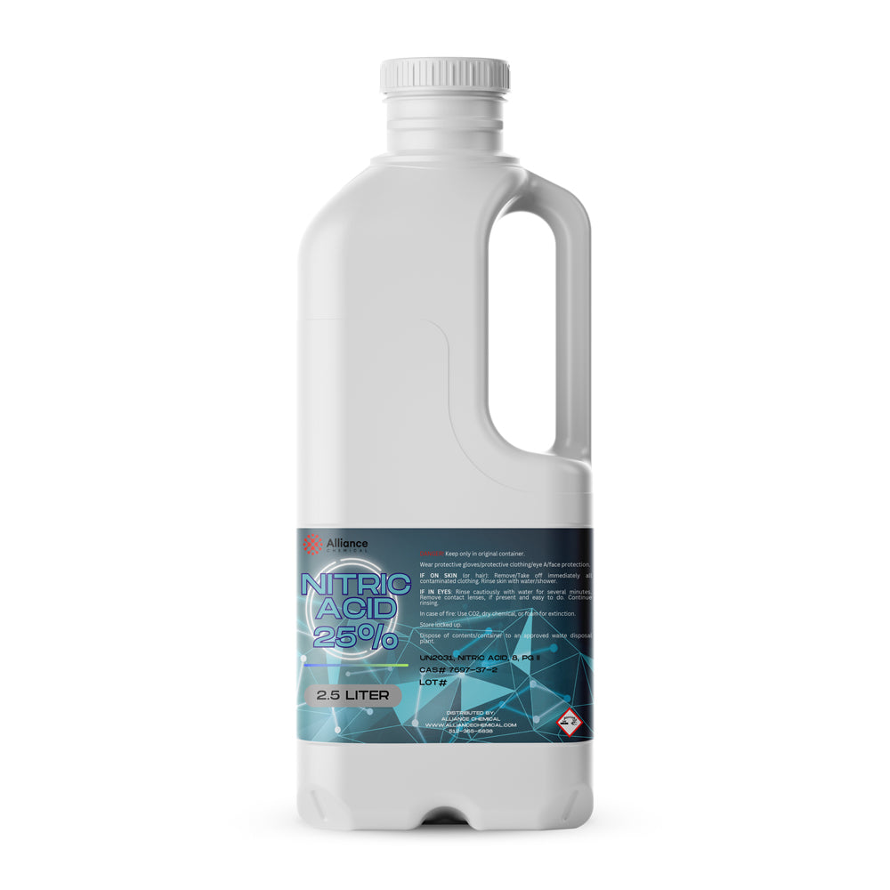 2.5L white HDPE bottle of 25% Nitric Acid with blue geometric label design, hazard warning symbol, and child-resistant cap for laboratory use.