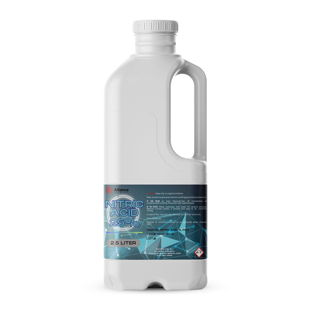 One 2.5-liter plastic jug of Alliance Chemical Nitric Acid 25% with a handle, screw cap, and product label.