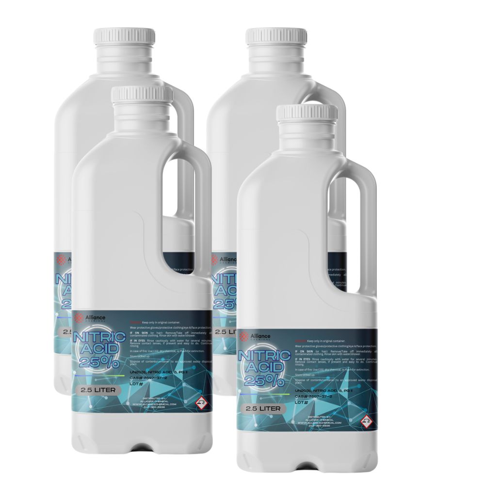 2.5L bottles of 25% Nitric Acid in white HDPE containers with blue geometric labels, corrosive hazard symbols, and safety-seal caps.