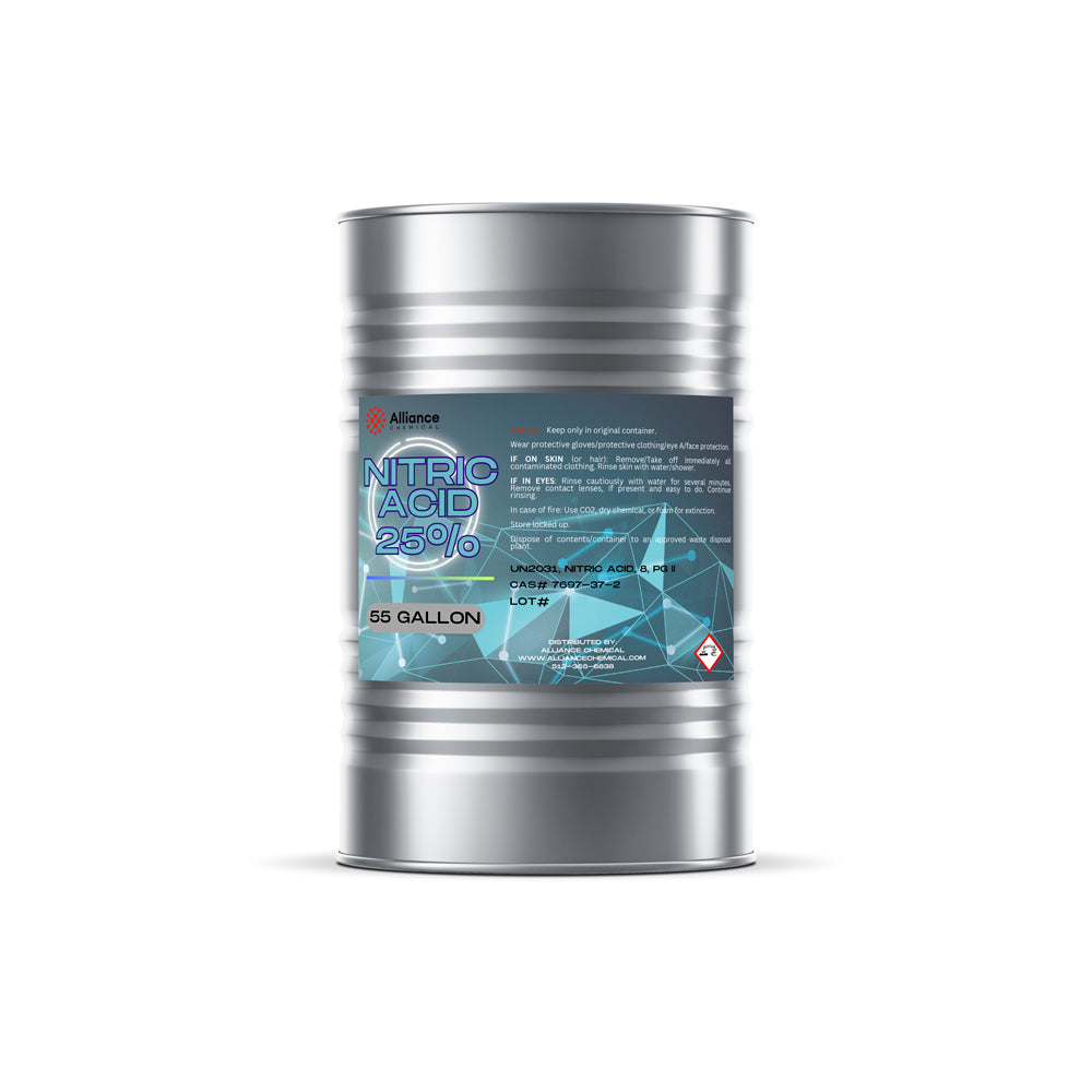 55-gallon industrial steel drum of 25% Nitric Acid with corrosive hazard symbol, blue crystalline label design, and Alliance Chemical branding.