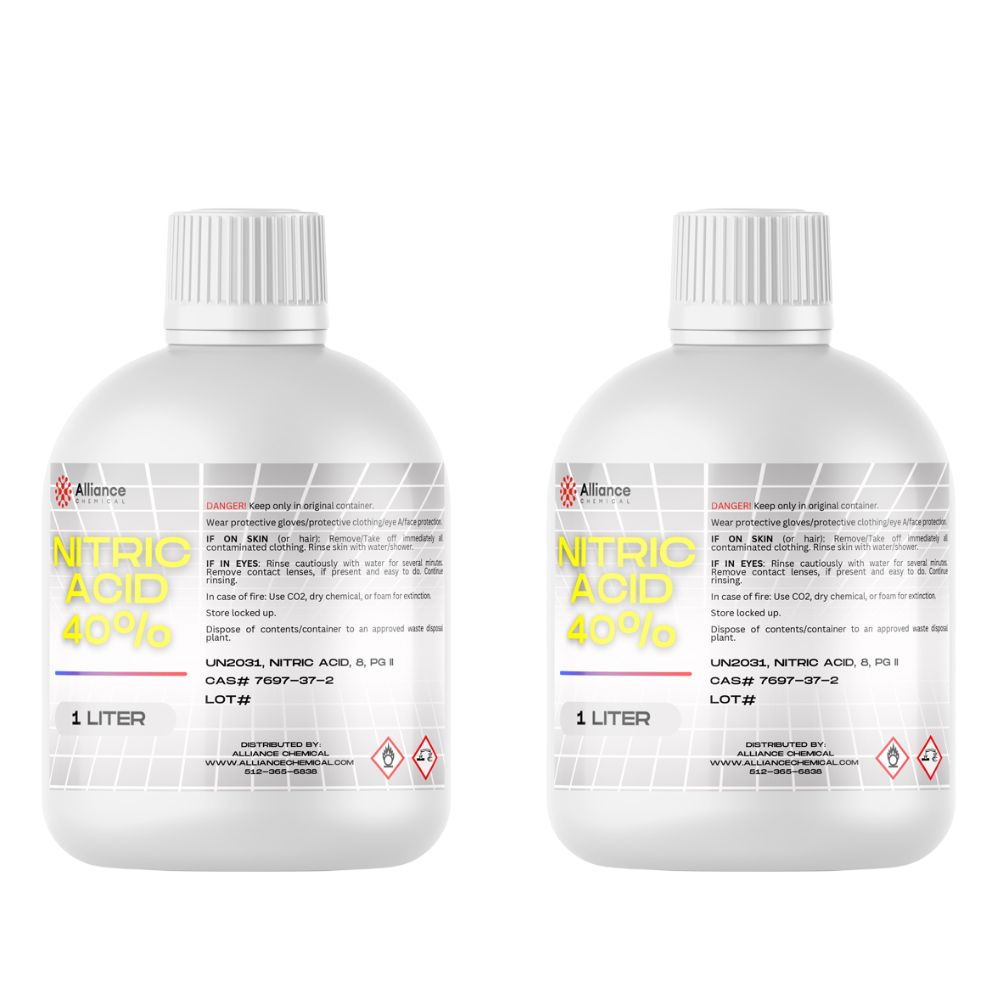 Two 1L bottles of 40% Nitric Acid (HNO3) in white HDPE containers with safety warnings, UN2031 classification, and corrosive/oxidizer hazard symbols.