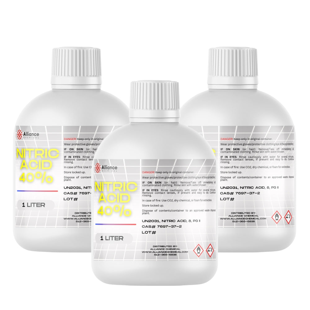 1L bottles (3-pack) of 40% Nitric Acid in HDPE containers with safety caps, hazard warnings and Alliance Chemical labeling, CAS# 7697-37-2.