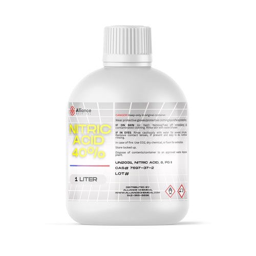 1-liter HDPE bottle of 40% Nitric Acid (UN2031) safety warnings, and ribbed white cap from Alliance Chemical