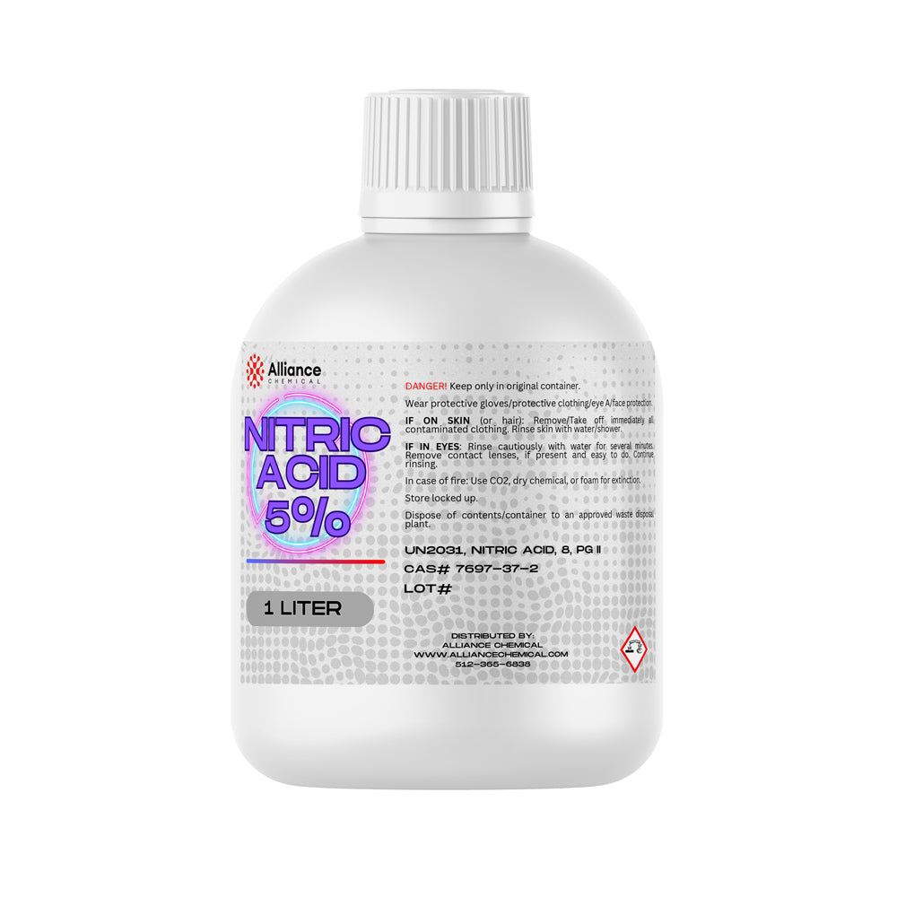 1L white HDPE bottle of 5% Nitric Acid by Alliance Chemical, featuring safety warnings, CAS#7697-37-2, corrosive hazard symbol, UN2031 labeling.