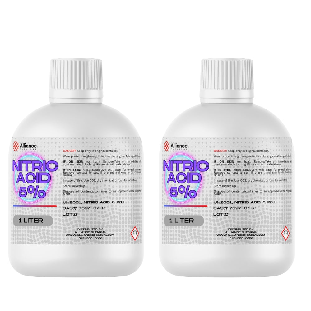 1L bottles (2-pack) of 5% Nitric Acid by Alliance Chemical, HDPE containers, UN2031 classified