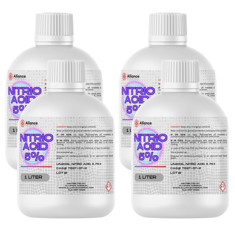 1L bottles of 5% Nitric Acid by Alliance Chemical in white HDPE containers with safety warnings and UN2031 hazard diamond classification.