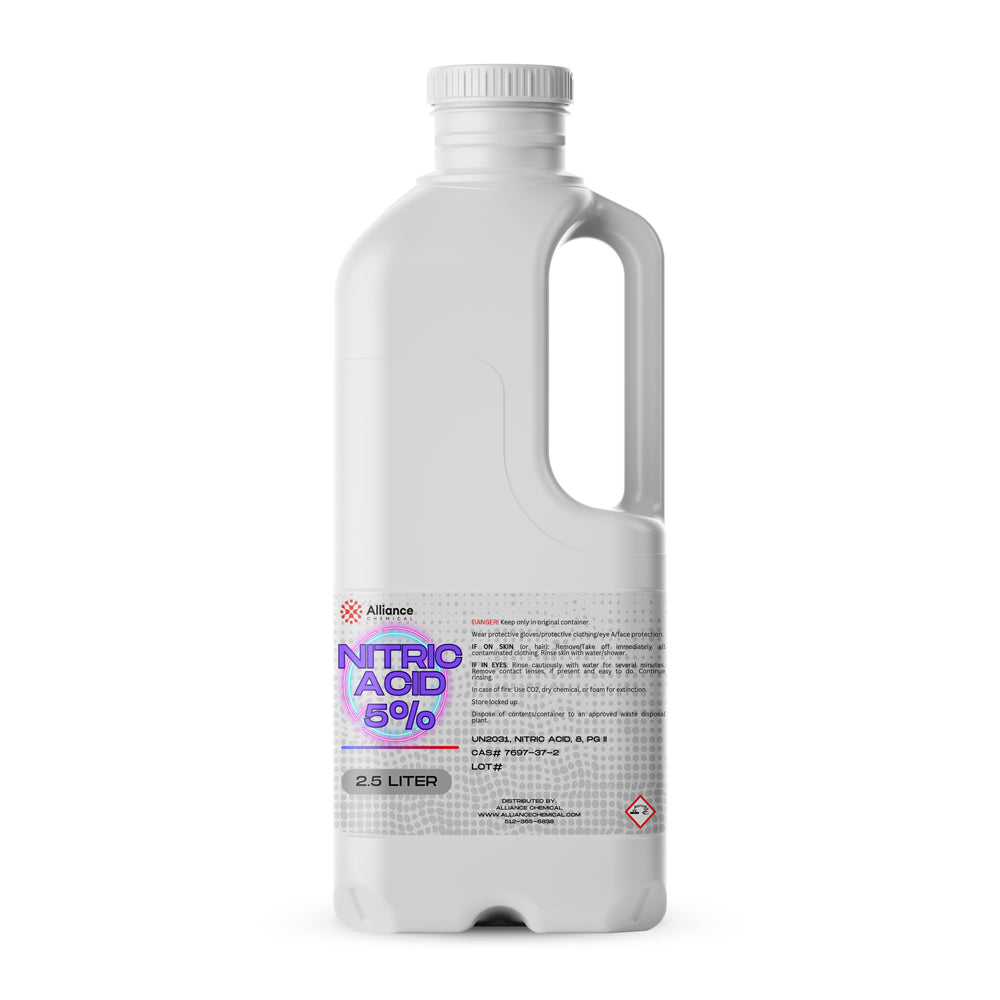 2.5L white HDPE bottle of 5% Nitric Acid by Alliance Chemicals, featuring hazard warning label and safety information on gray dotted background.