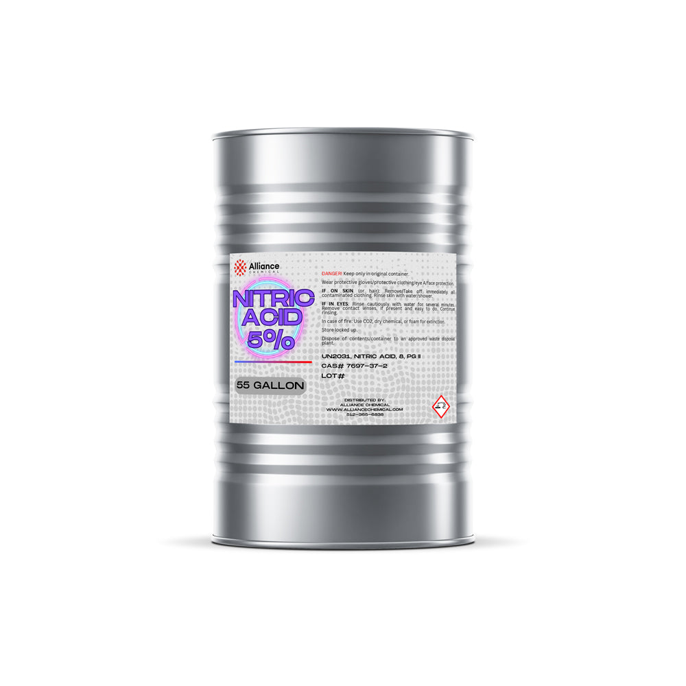 55-gallon steel drum of Nitric Acid 5% solution by Alliance Chemical, featuring GHS hazard symbols and industrial safety labeling on silver container.
