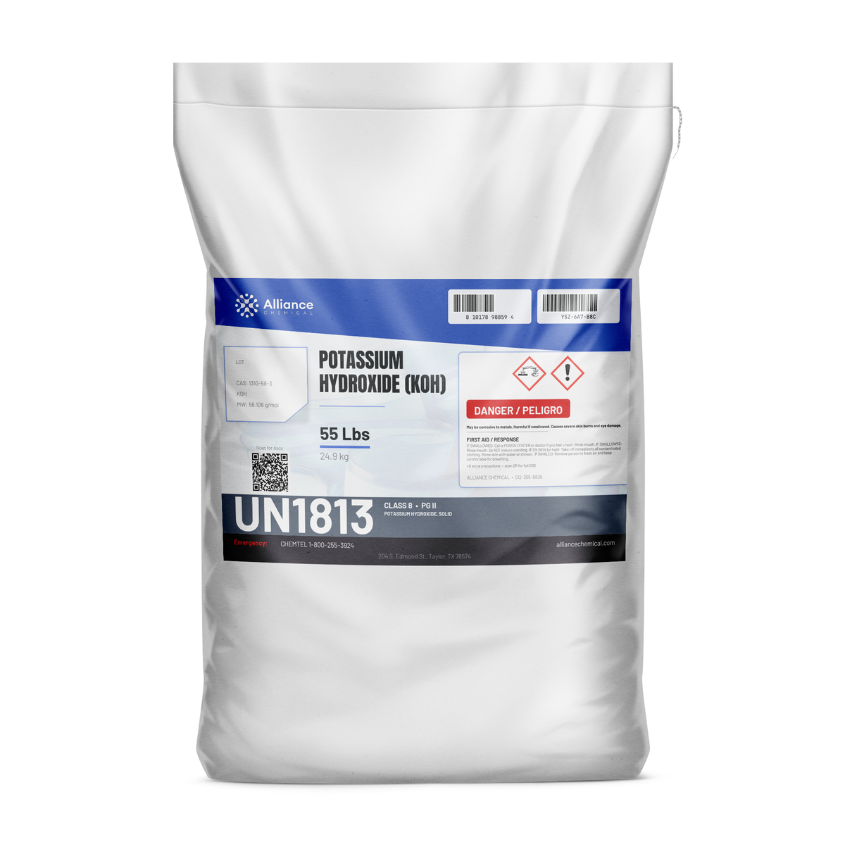 Potassium hydroxide technical grade solid in a 55-pound bag for industrial cleaning and soap making, Alliance Chemical