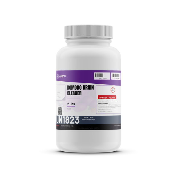 Komodo Drain Cleaner technical grade sodium hydroxide in a 2-lb white plastic bottle from Alliance Chemical
