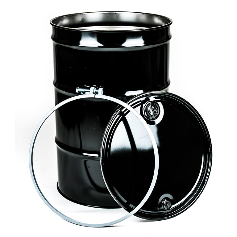 55-gallon UN-rated open-head steel reconditioning drum with removable lid, bolt ring closure, black powder coat finish, industrial chemical storage.