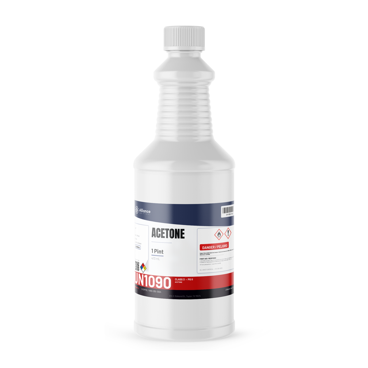 Acetone Technical Grade in a 1-pint plastic bottle, Alliance Chemical for resin thinning and metal degreasing