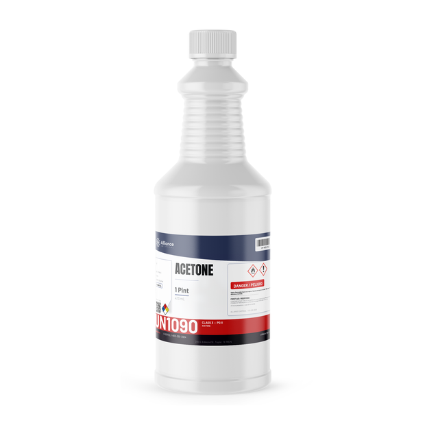 Acetone Technical Grade in a 1-pint plastic bottle, Alliance Chemical for resin thinning and metal degreasing