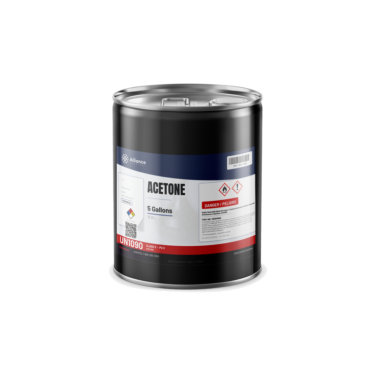 Acetone Technical Grade 5-gallon metal pail from Alliance Chemical for precision metal degreasing and resin cleanup