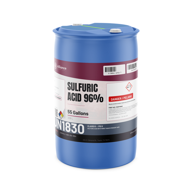 Sulfuric Acid 96% ACS Grade in a 55-gallon blue plastic drum from Alliance Chemical for chemical manufacturing