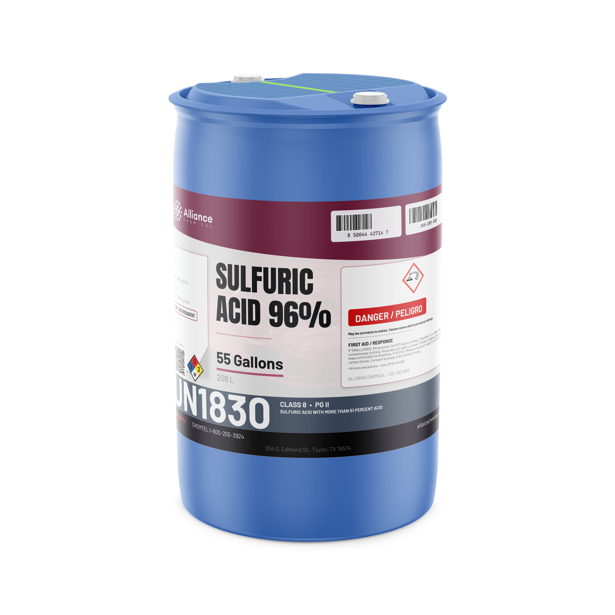 Sulfuric Acid 96% ACS Reagent Grade in a blue 55-gallon drum, Alliance Chemical for steel pickling and chemical manufacturing