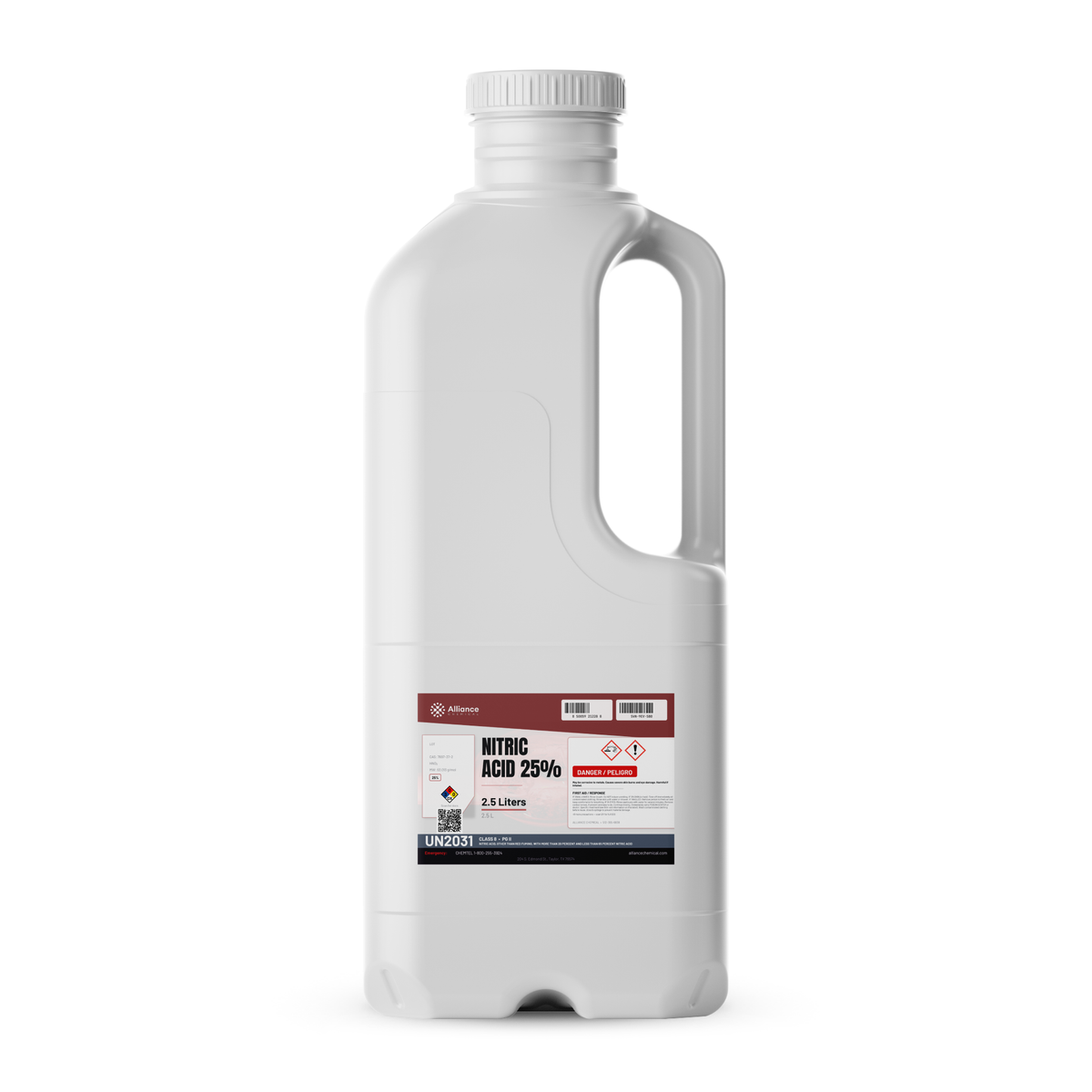 Nitric Acid 25% Technical Grade 2.5-liter white plastic jug from Alliance Chemical for metal passivation