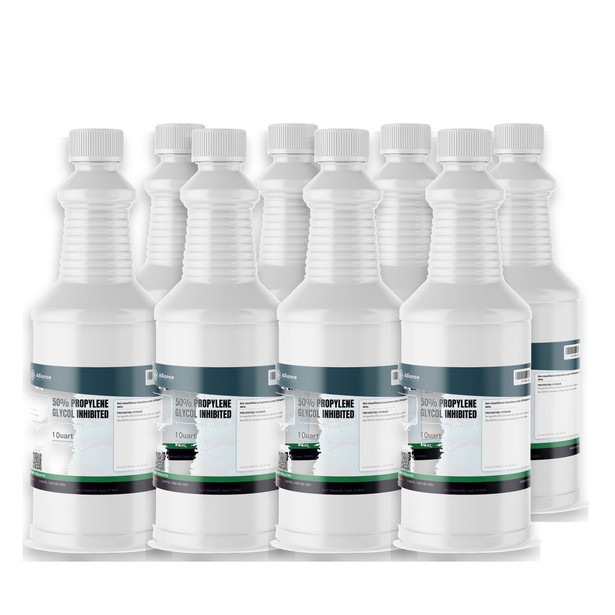 Propylene Glycol 50% Inhibited in eight 1-quart bottles from Alliance Chemical for closed-loop HVAC freeze protection