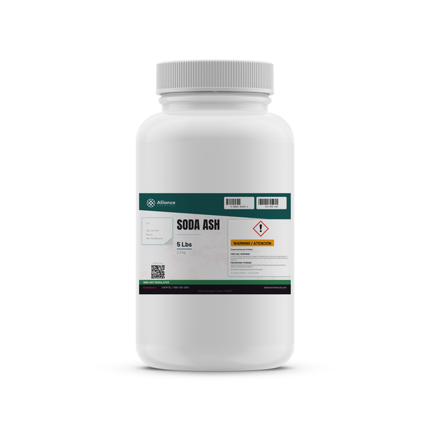 Soda Ash Technical Grade 5-lb white plastic bottle with ribbed screw cap, Alliance Chemical
