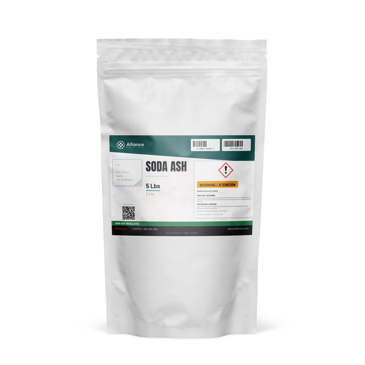 Soda Ash Technical Grade in a 5-pound resealable stand-up pouch, Alliance Chemical
