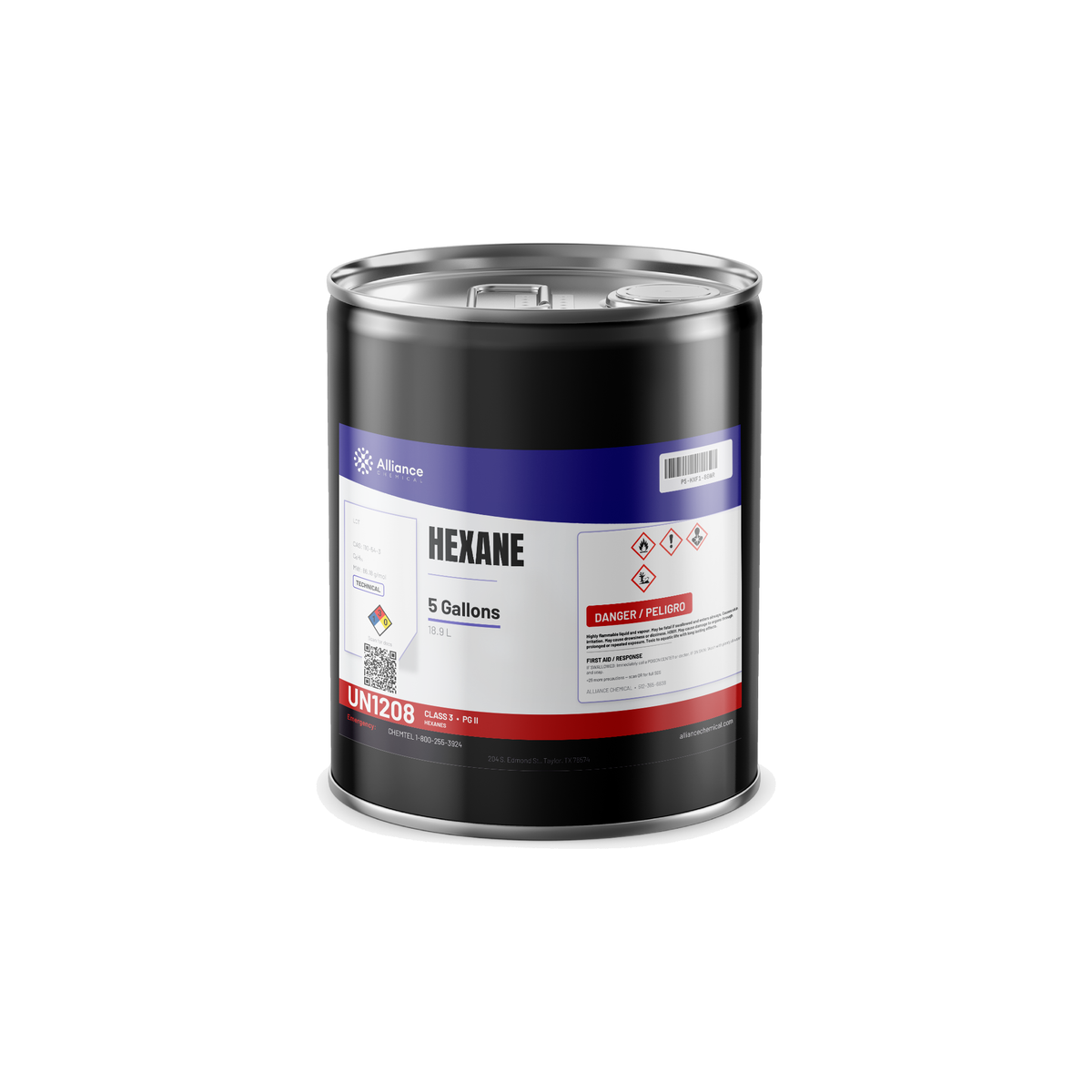 Hexane Technical Grade in a 5-gallon metal pail from Alliance Chemical for industrial solvent and extraction applications