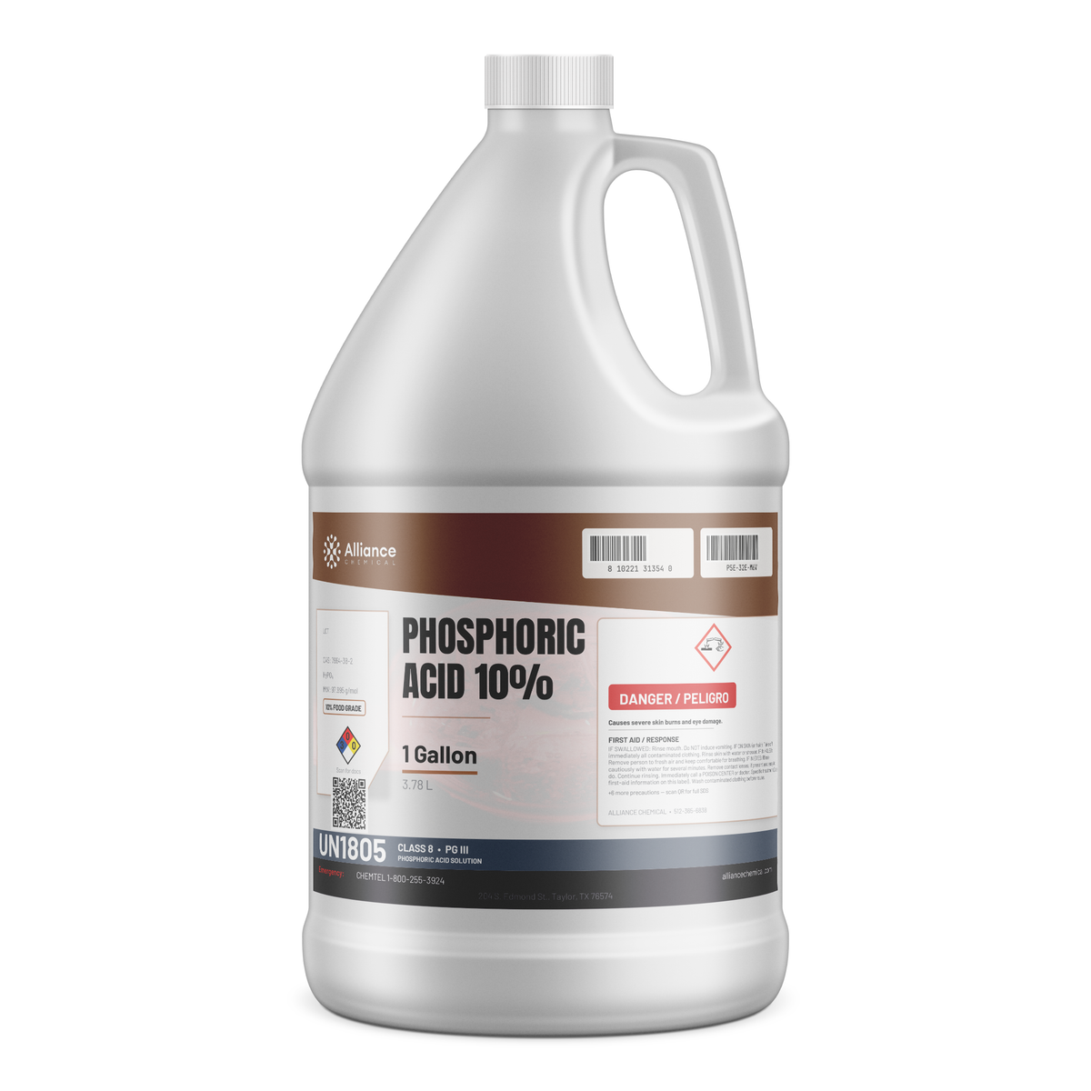 Phosphoric Acid 10% Food Grade in a 1-gallon plastic jug with screw cap, Alliance Chemical