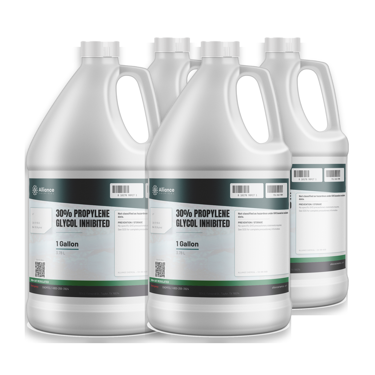 30% Inhibited Propylene Glycol liquid in a case of four 1-gallon plastic jugs from Alliance Chemical