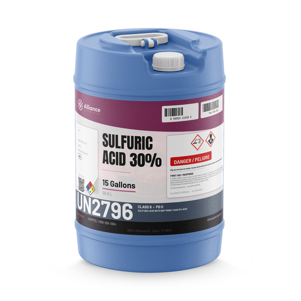 Sulfuric Acid 30% Technical Grade in a 15-gallon blue plastic carboy for wastewater treatment, Alliance Chemical