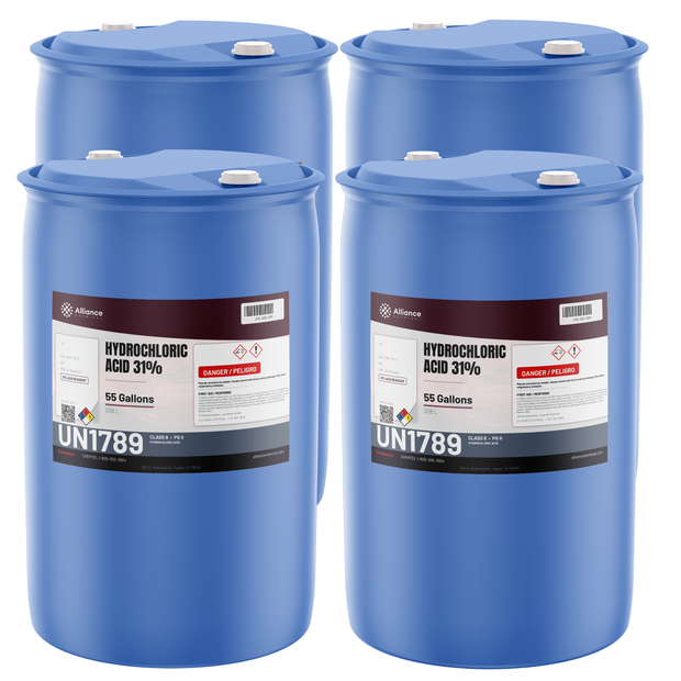 Hydrochloric Acid 31% ACS Reagent Grade four blue 55-gallon plastic drums Alliance Chemical