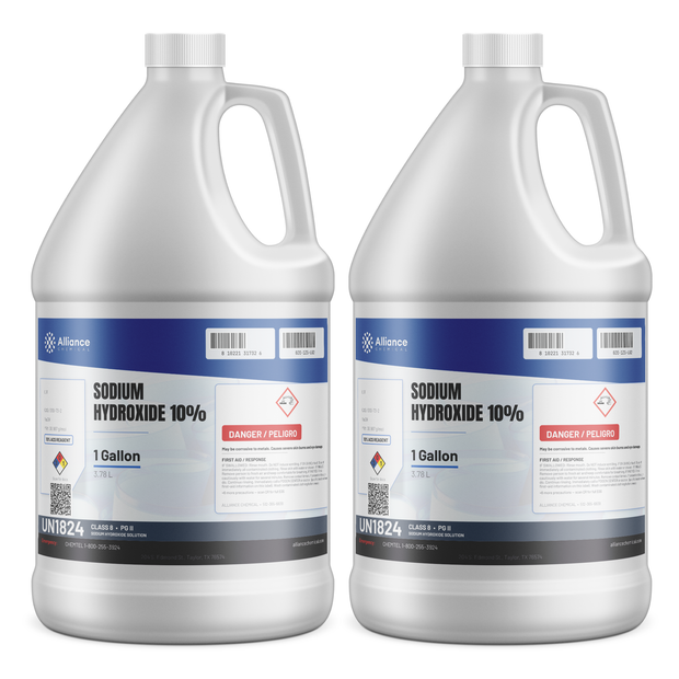 Sodium Hydroxide 10% ACS Reagent Grade in two 1-gallon plastic jugs from Alliance Chemical