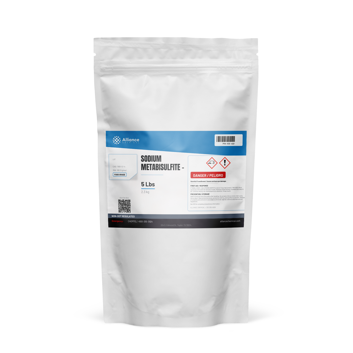 Sodium Metabisulfite Food Grade in a 5-lb white resealable pouch for food and wine preservation, Alliance Chemical