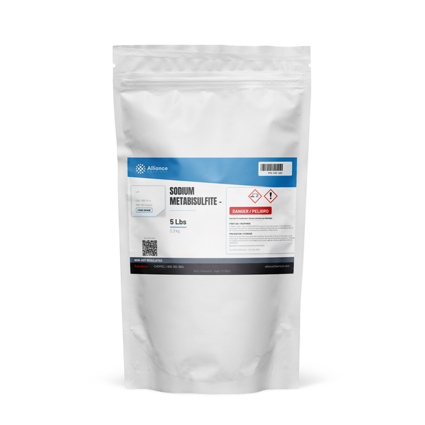 Sodium Metabisulfite Food Grade in a 5-lb white resealable pouch for food and wine preservation, Alliance Chemical