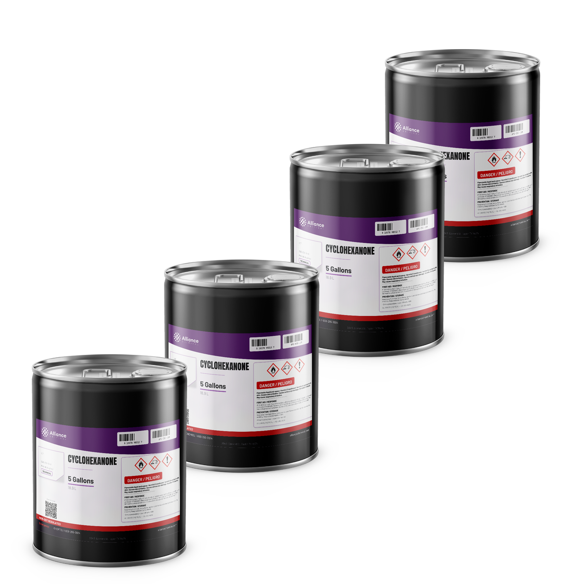 Cyclohexanone Technical Grade in four 5-gallon metal pails for resin solvent use from Alliance Chemical