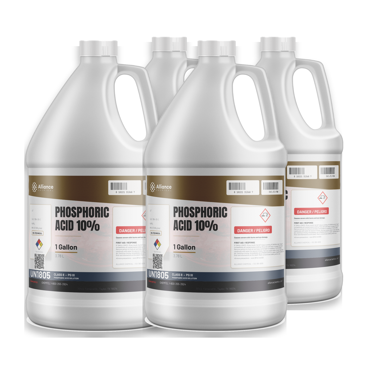 Phosphoric Acid 10% Technical Grade in four 1-gallon jugs from Alliance Chemical for metal finishing