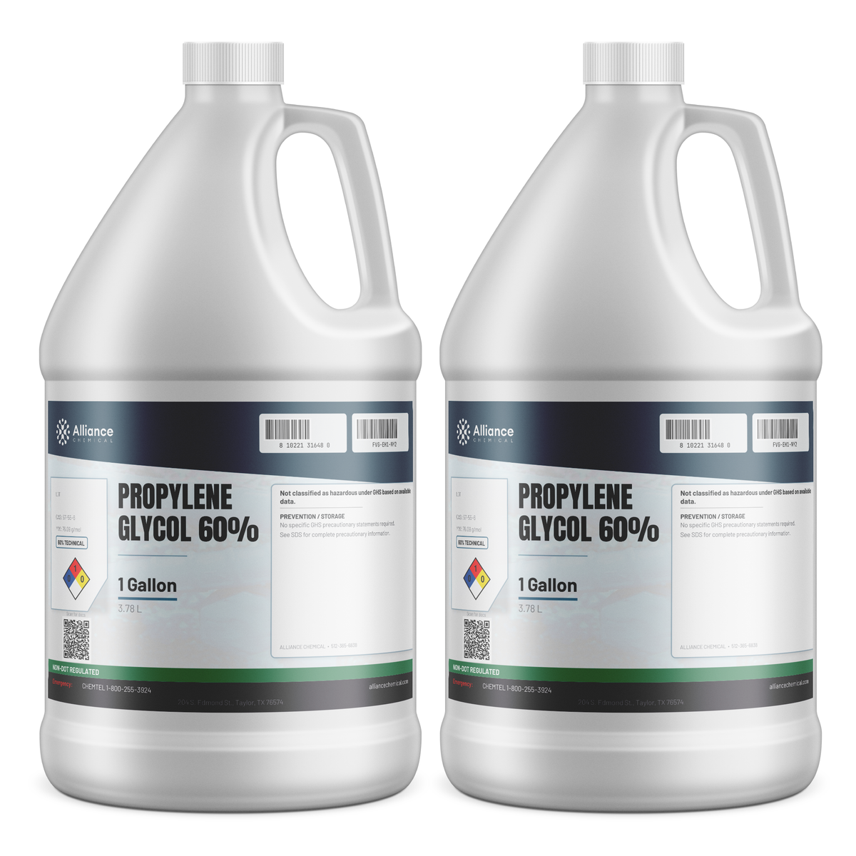 Propylene Glycol 60% Technical Grade in two 1-gallon plastic jugs, Alliance Chemical